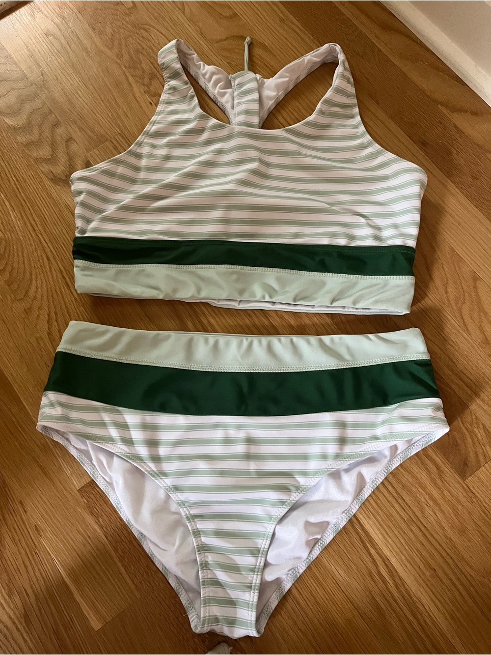 Striped Two-Piece Bikini Set in Mint and Dark Green